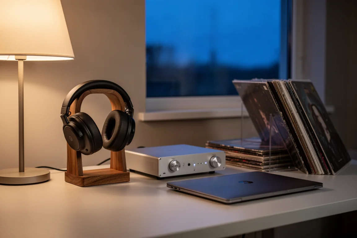 Coin d'écoute discret à la tombée du jour avec un casque sur un support et une petite pile audio