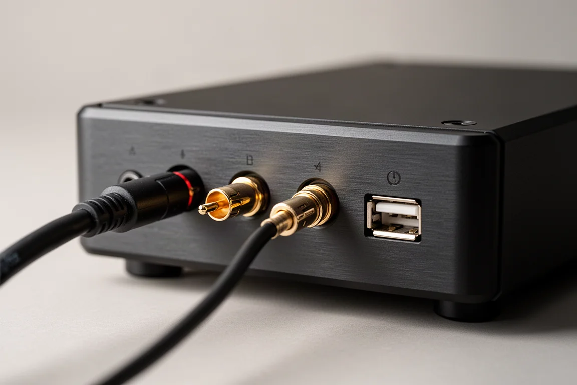 Gros plan sur des câbles optiques et coaxiaux branchés à la face arrière d'un appareil audio