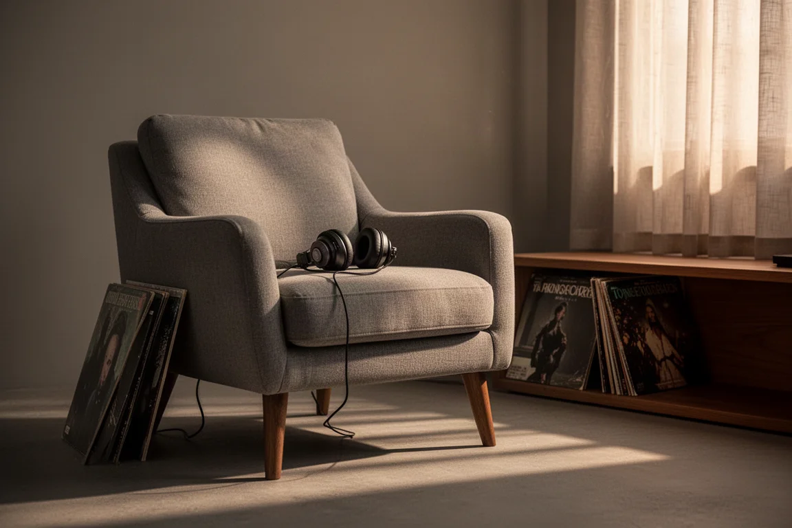 Fauteuil d'écoute avec un casque circum-aural et des vinyles dans une lumière chaude de soirée