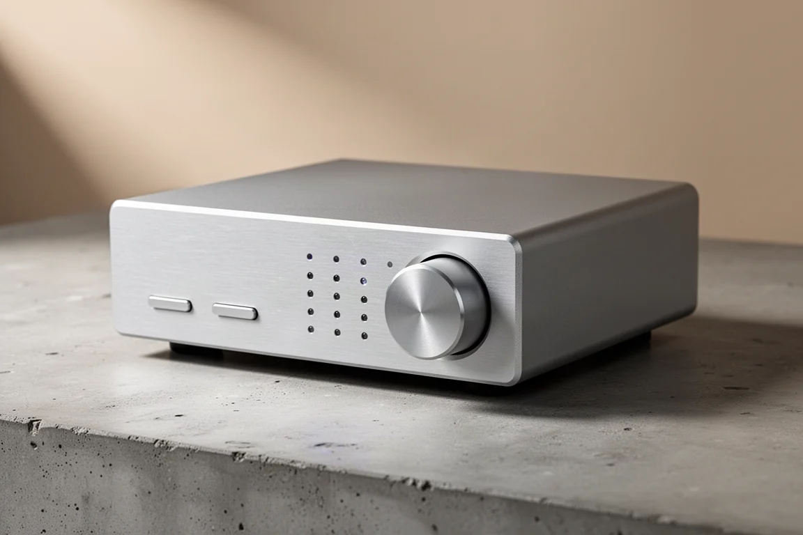 Silver desktop digital-to-analog converter with volume knob and indicator LEDs on concrete