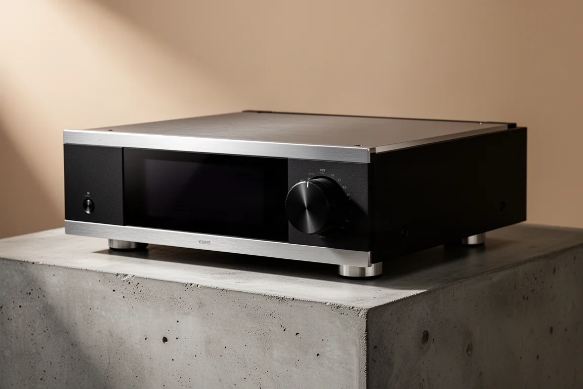 Compact brushed steel streaming integrated amplifier with analog VU meters on concrete