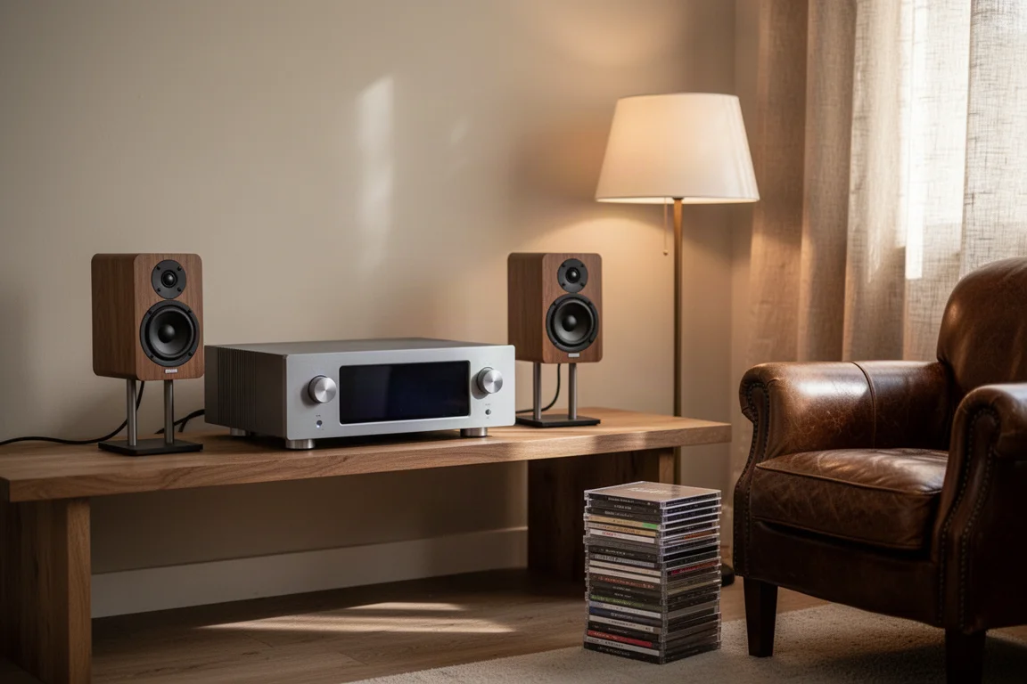 Warm verlichte luisterruimte met een compact hifisysteem, speakers op stands en een stapel cd's