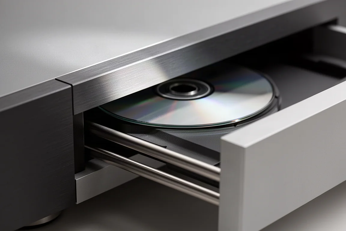 Close-up van een geborsteld metalen lade met gepolijste geleidestangen en een cd-rand die licht vangt