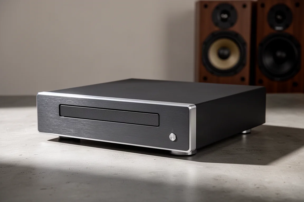 Compact dark grey aluminium CD transport with a closed disc drawer on a concrete surface
