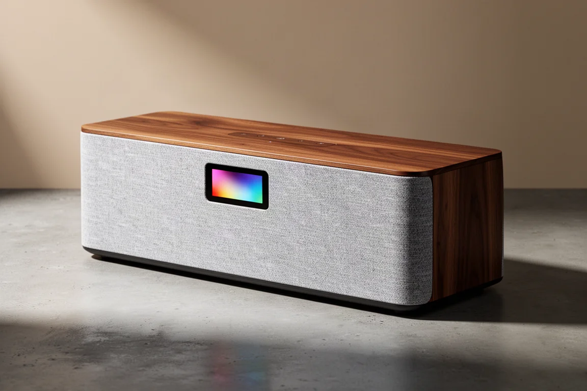 Wide all-in-one home audio system with fabric front on an oak sideboard in a bright room