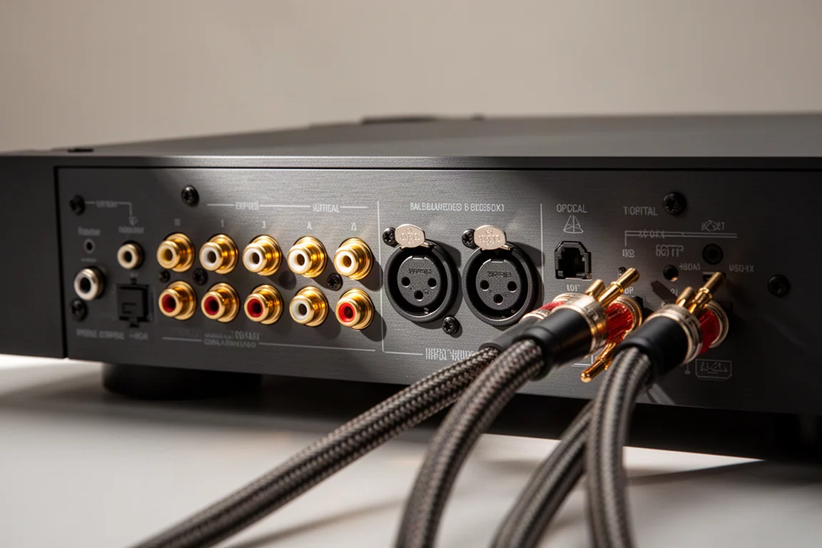 Primo piano del pannello posteriore dell'amplificatore con prese RCA, connettori XLR e cavi per diffusori
