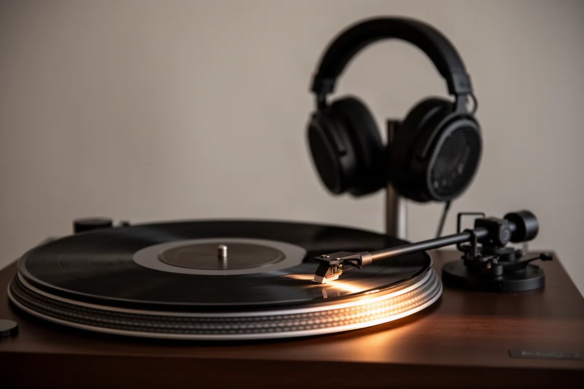 Giradischi che riproduce un disco con cuffie planari aperti appoggiati su un supporto dietro di esso
