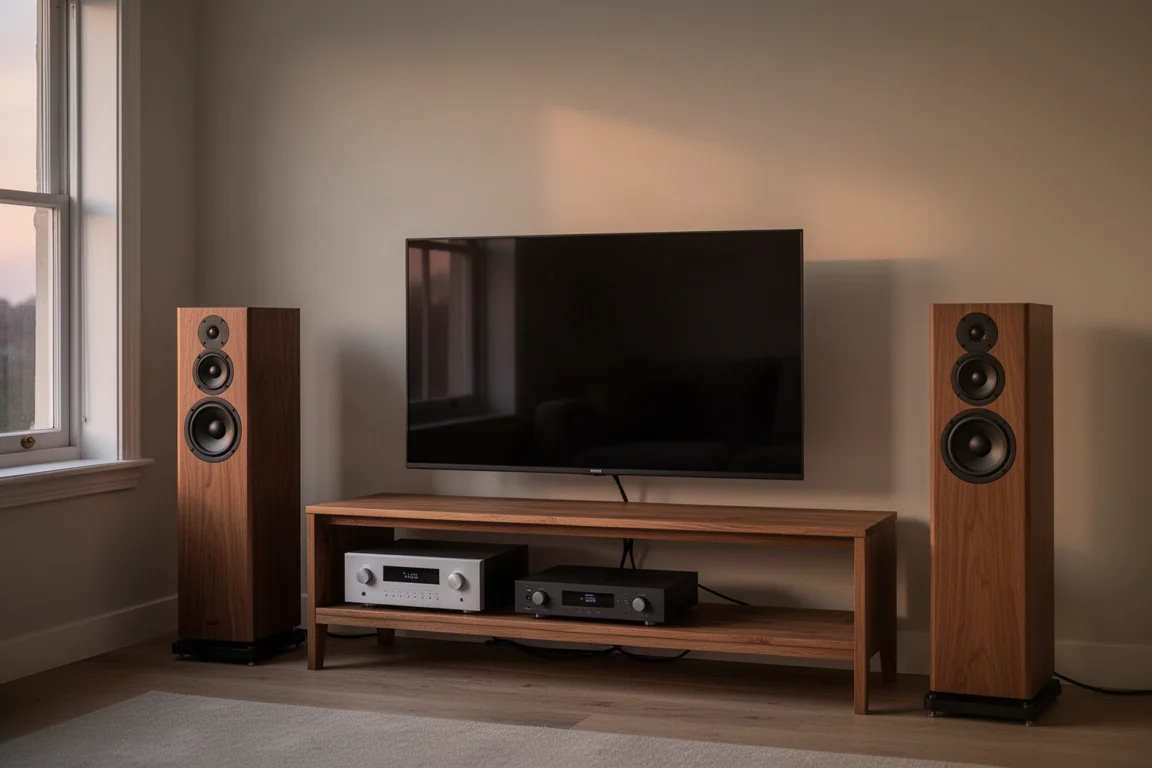Impianto stereo a due canali in soggiorno con televisore, diffusori da pavimento e un amplificatore