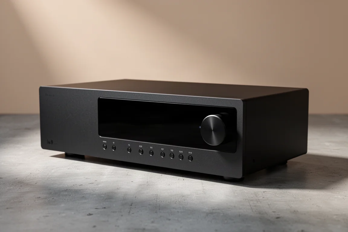 Slim black integrated stereo amplifier with a glossy front panel on a concrete surface