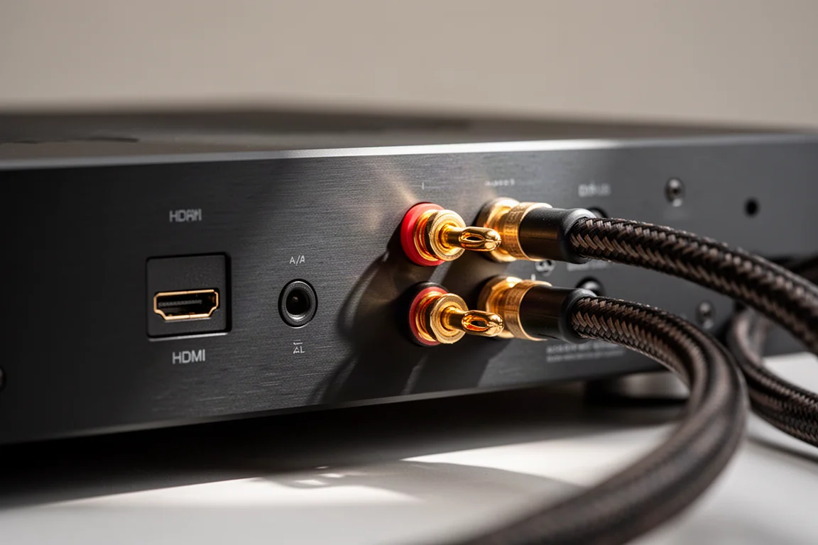 Primo piano del pannello posteriore di un amplificatore hi-fi con cavi per diffusori e digitali collegati
