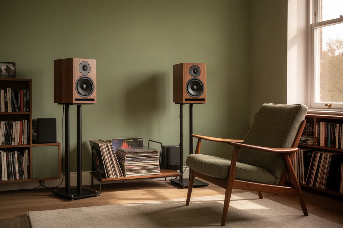 Giradischi e preamplificatore phono separato su una mensola in legno con cavi RCA