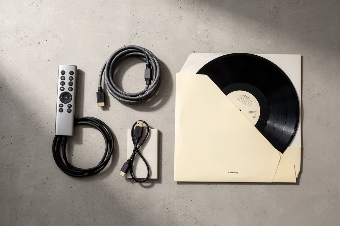 Mobile hi-fi in un soggiorno con luce soffusa al crepuscolo con amplificatore e diffusori da pavimento