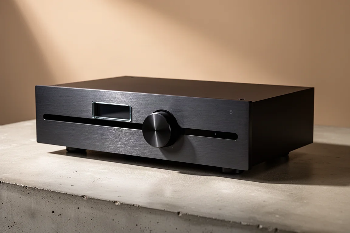 Slim dark aluminium stereo integrated amplifier on a matte concrete surface
