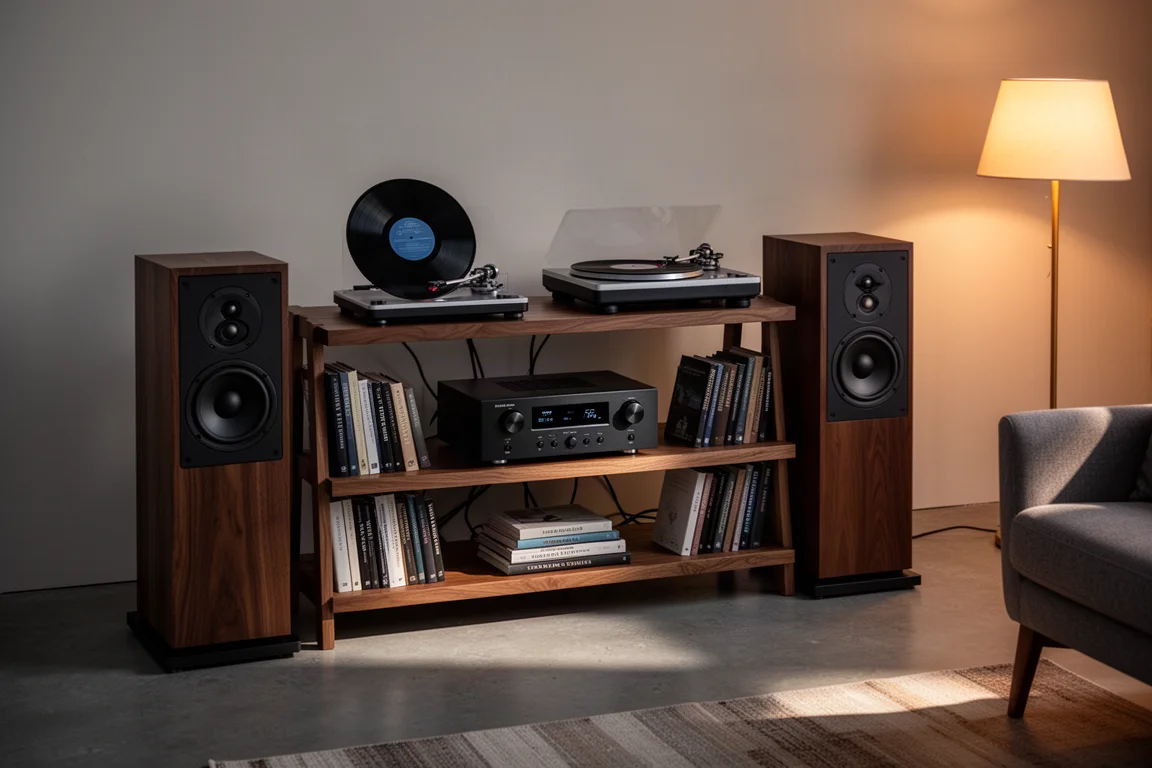 Hi-Fi-Anlage im Wohnzimmer mit Verstärker, Regallautsprechern und Plattenspieler in warmem Lampenlicht