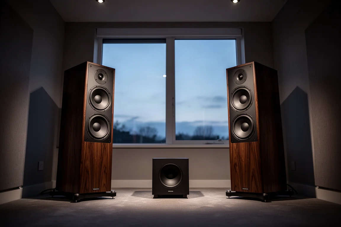 Standlautsprecher und ein kompakter Subwoofer in einem dunklen Hörraum bei Abendlicht