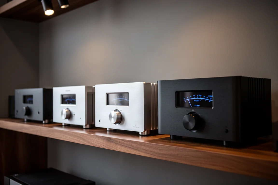 Reihe von Vollverstärkern auf Holzregalen in einem schwach beleuchteten Hi-Fi-Showroom