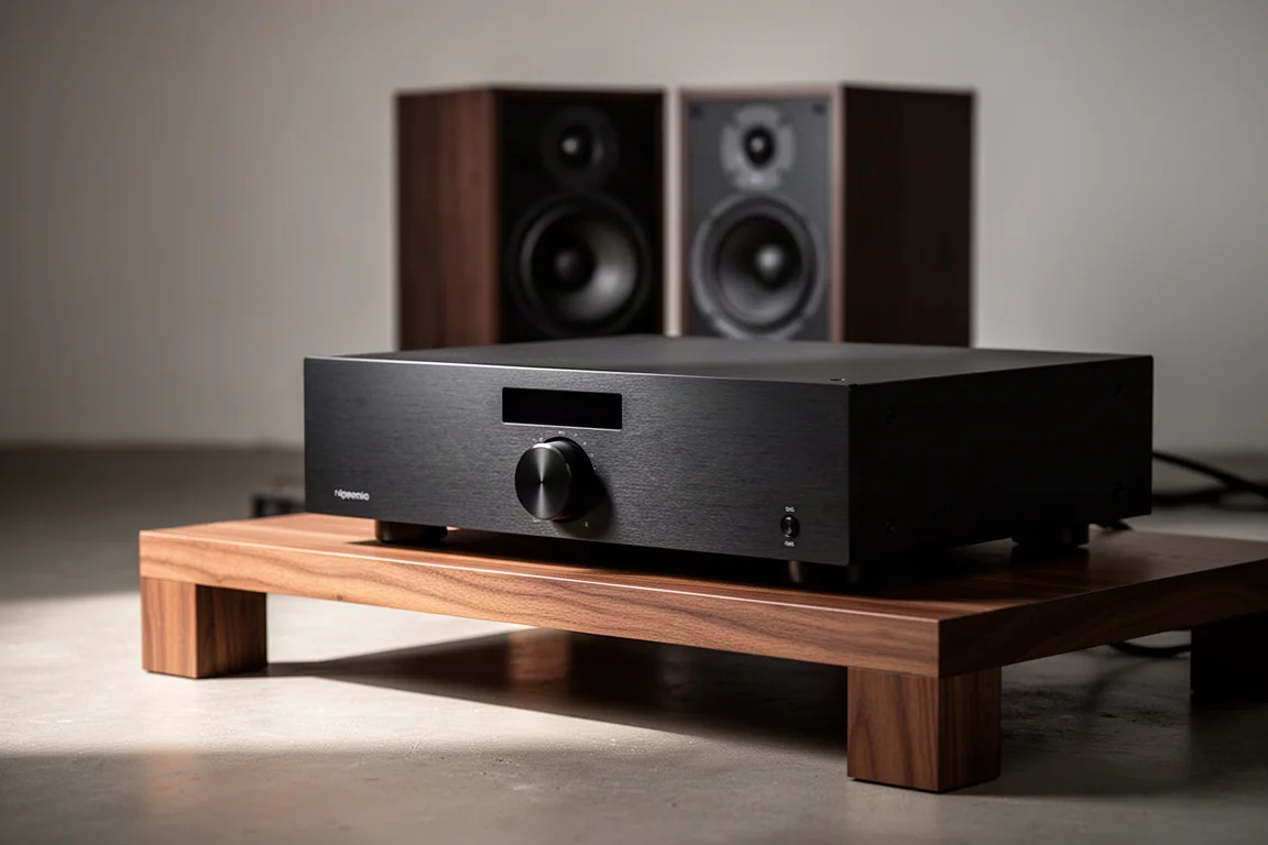 Slim black integrated amplifier on a wooden hi-fi rack with bookshelf speakers behind
