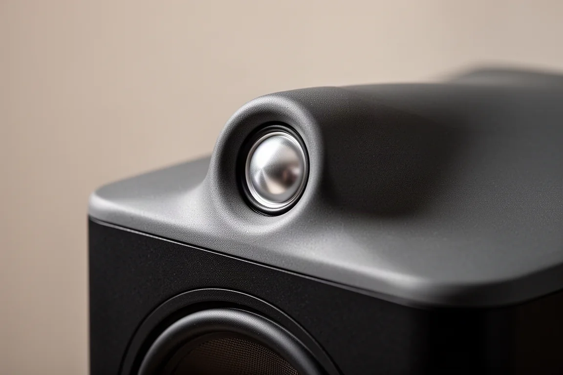 Close-up detail of a sculpted tweeter housing on a matte black speaker cabinet