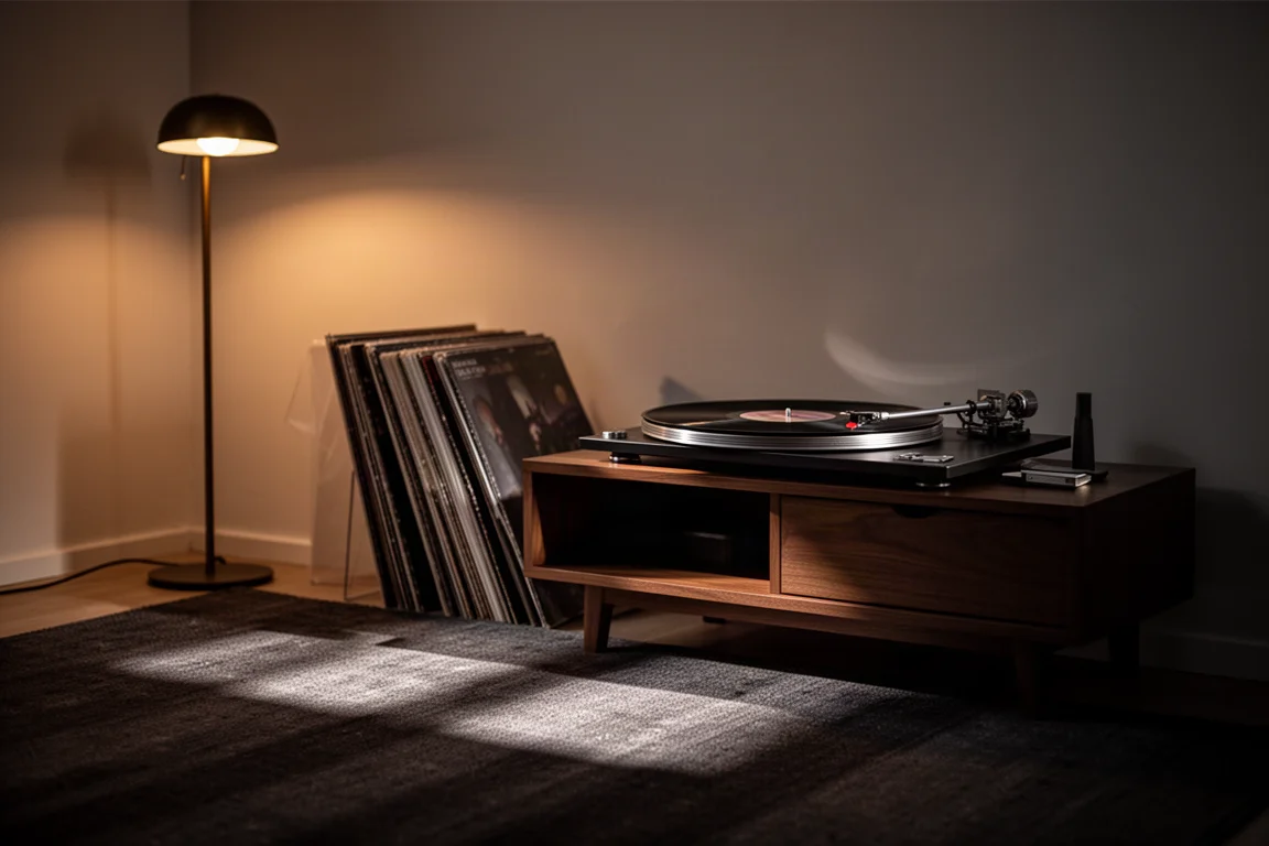 Dimly lit listening room with a turntable, vinyl records and warm lamp glow