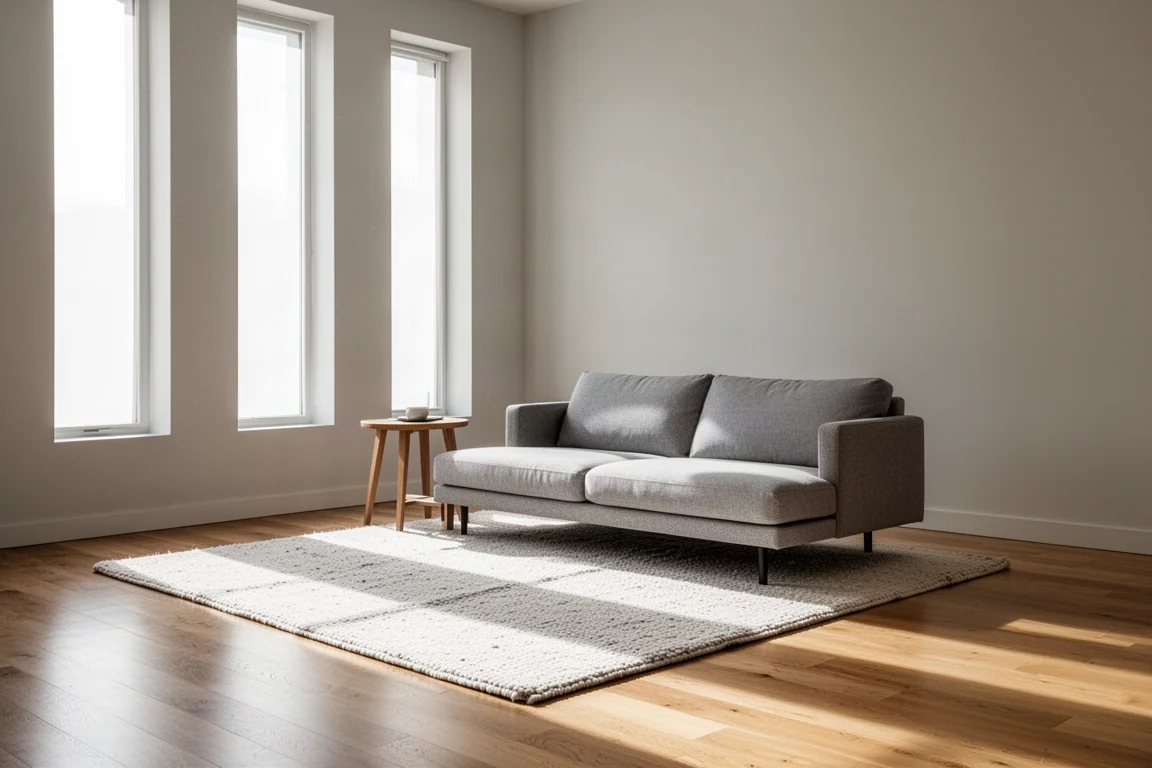 Bright modern living room with large windows, sofa and reflective wooden floor