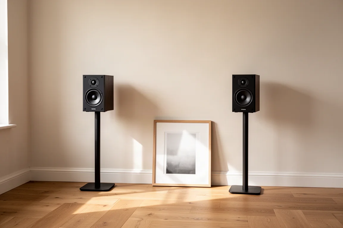 Minimal apartment corner with a pair of speakers on stands in daylight