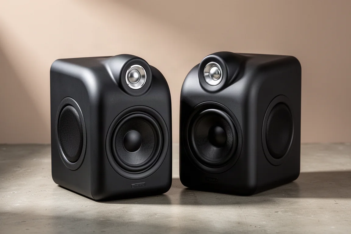 Pair of compact matte black active loudspeakers with sculpted tweeter housings on concrete