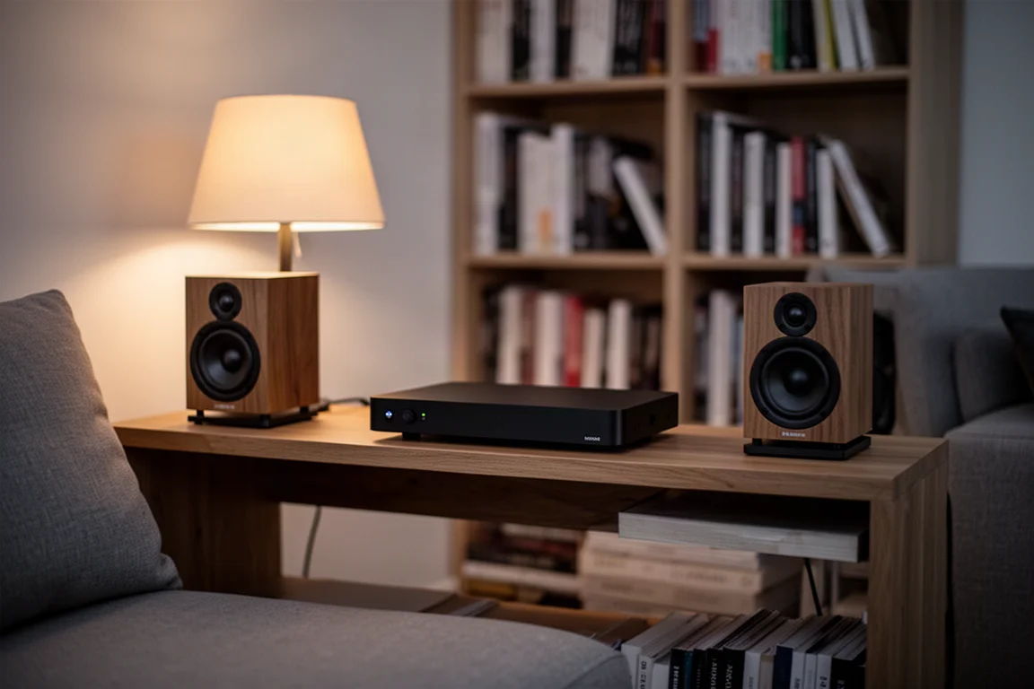 Hi-fi plank in een dim verlichte woonkamer met een slanke streamer en kleine speakers