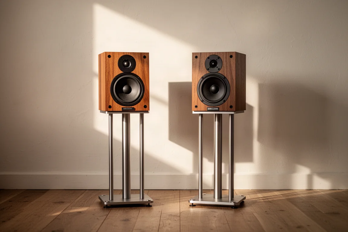 Paar compacte boekenplankspeakers op slanke stands in een zacht verlichte ruimte