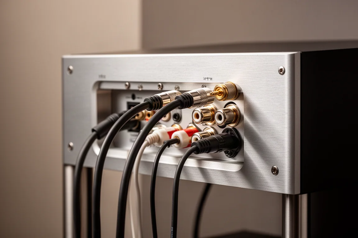 Achterkant van een hi-fi plank met optische en coaxiale kabels netjes weggewerkt
