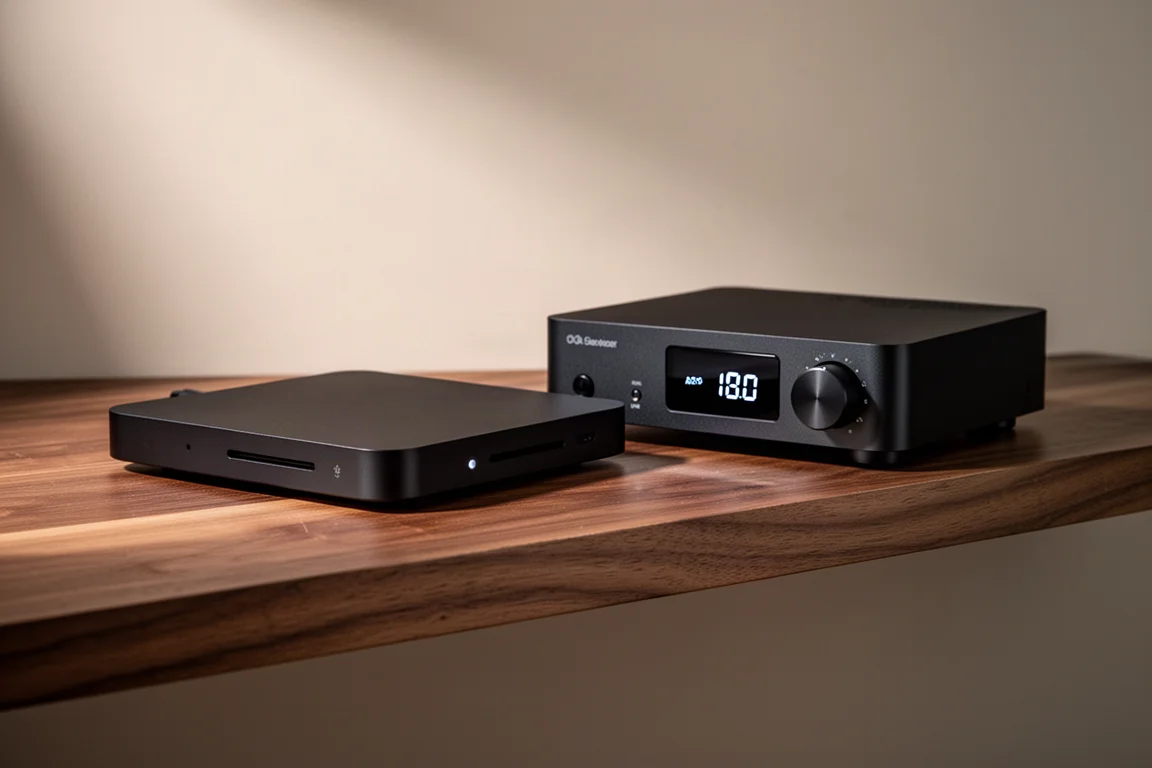 Slim network streamer and compact desktop DAC side by side on a walnut shelf