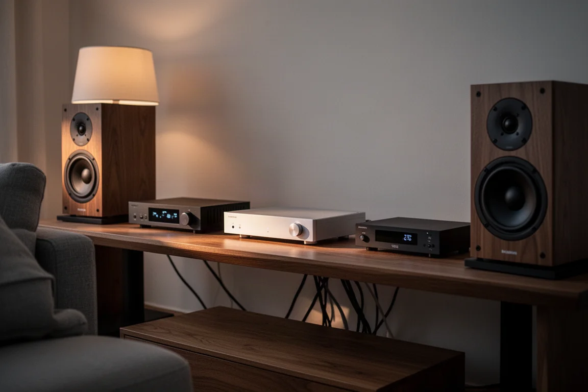 Compact hi-fi shelf with a streamer, amplifier and speakers in warm evening light