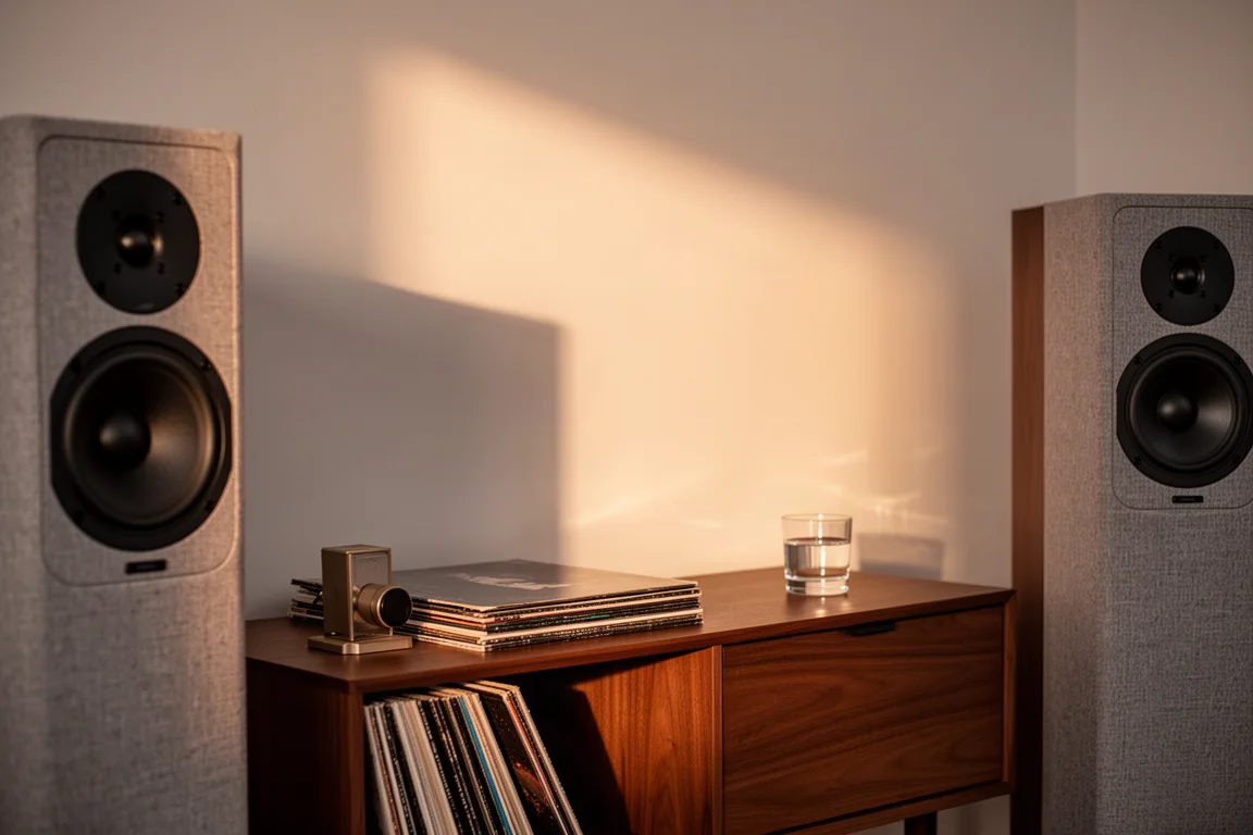 Listening room corner with speakers, records and warm evening light