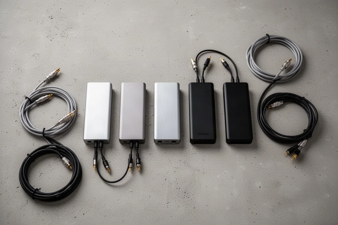 Overhead flat-lay of compact audio streamers and cables on concrete