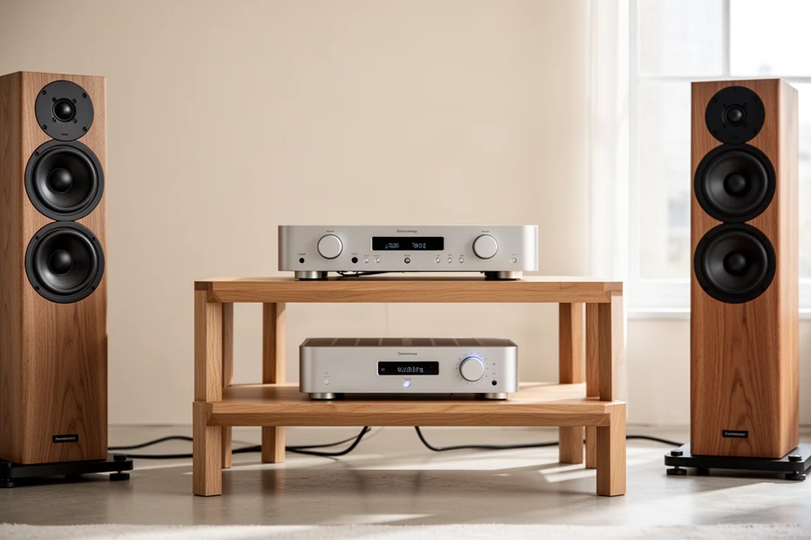 Modern two-channel listening setup with streamer, amplifier and speakers