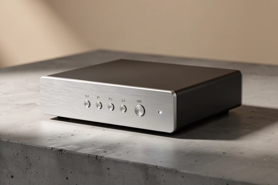 Compact aluminium music streamer with a brushed front panel on a neutral backdrop
