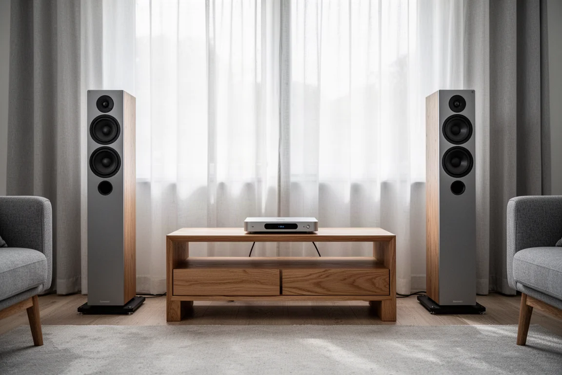 Bright living room hi-fi setup with two slim floorstanding speakers and a low equipment rack
