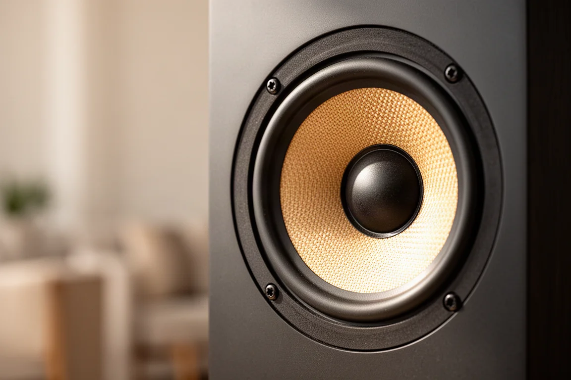 Close-up of a loudspeaker mid-bass driver with light catching the woven cone