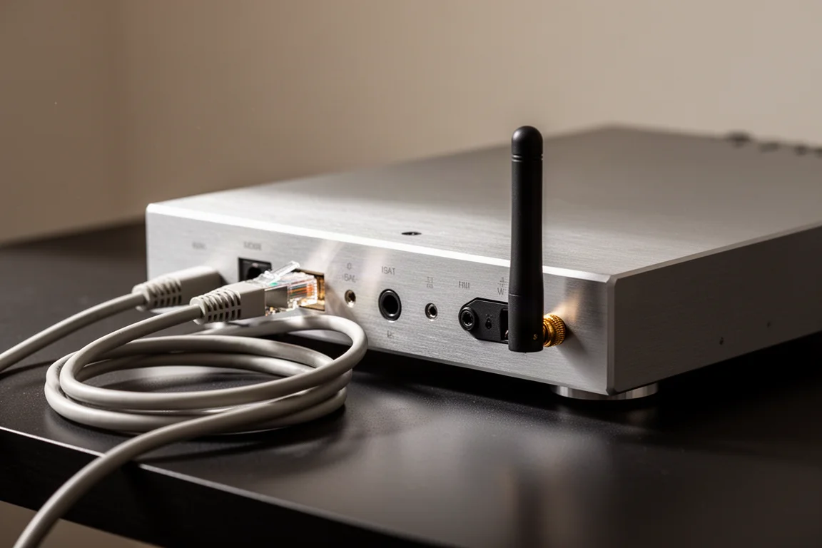 Rear of a slim metal audio component showing an Ethernet cable and a small antenna