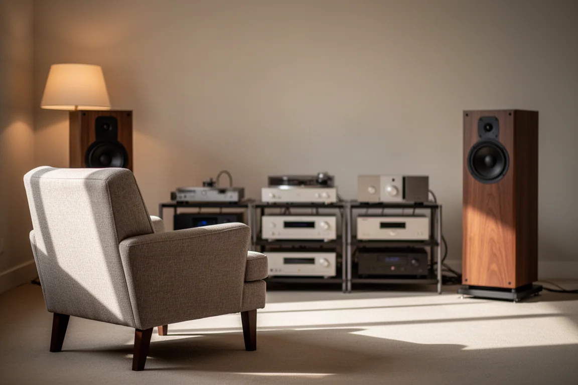 Quiet listening room with an armchair facing floorstanding speakers in afternoon light