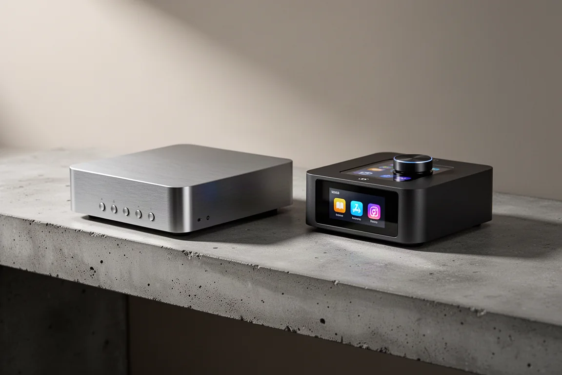Two compact network streamers side by side on a matte concrete shelf