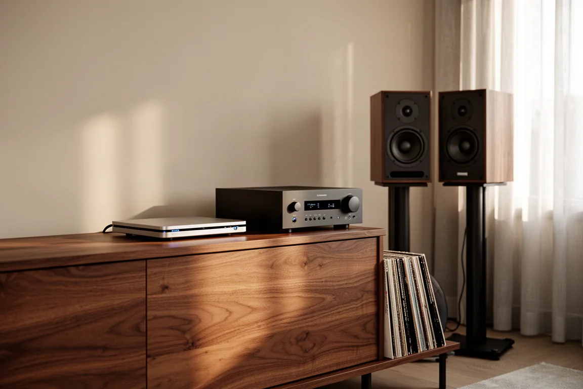 Sala de estar contemporánea con un streamer, amplificador y altavoces de estantería