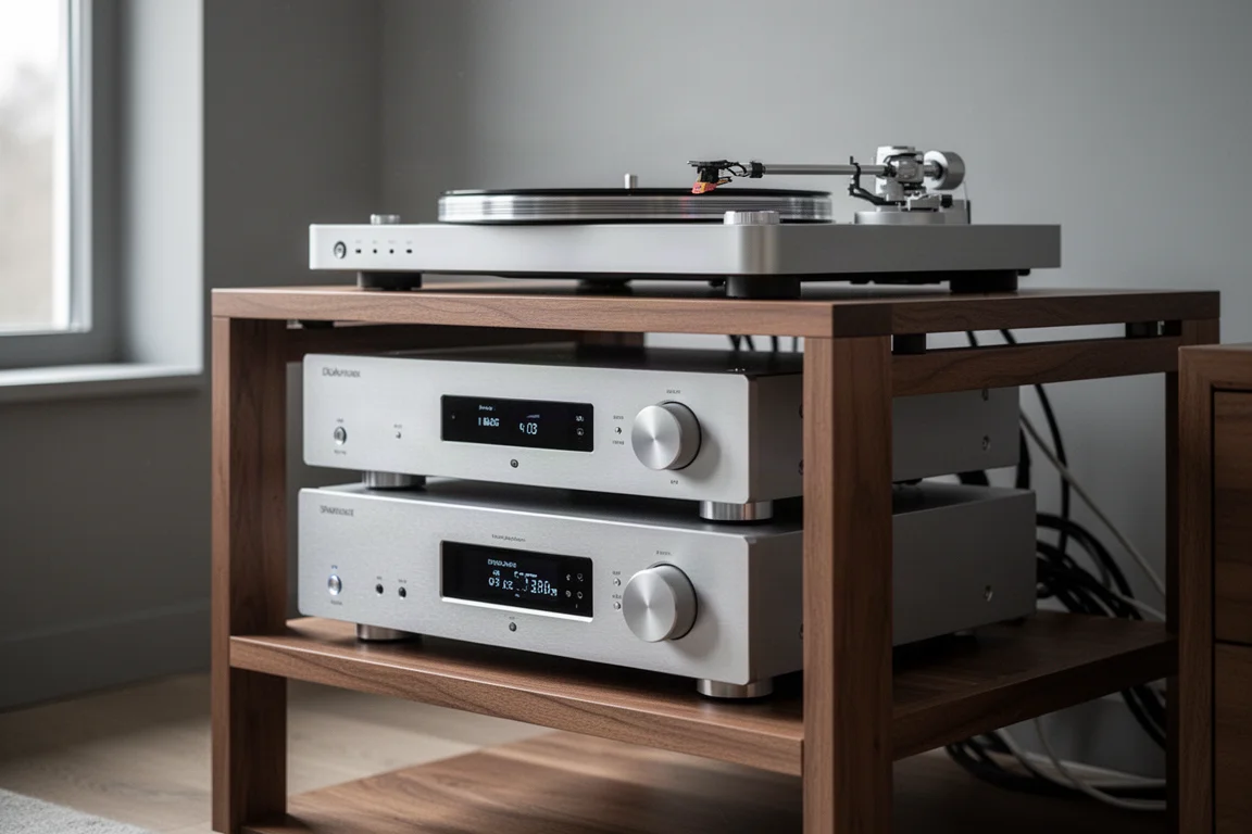 Rack hi-fi con componentes de ancho completo apilados en una sala moderna