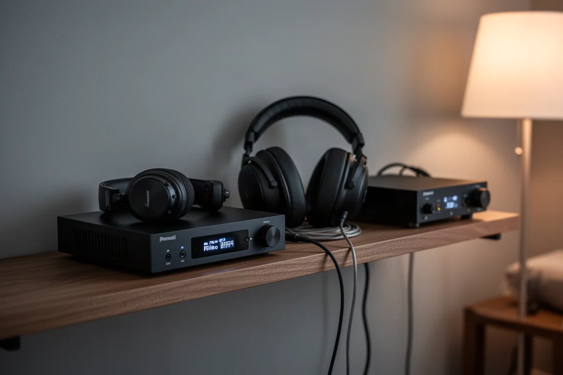 Equipo de audio compacto en una estantería de un piso pequeño con auriculares cerca
