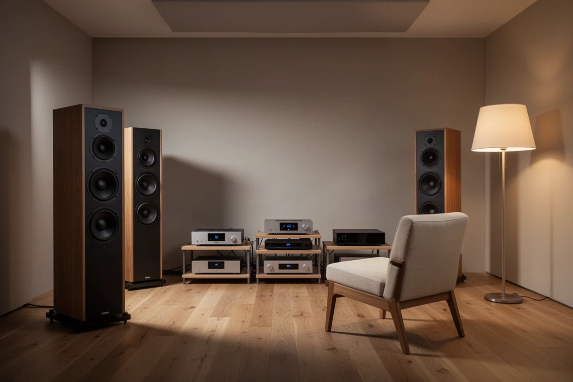 Sala de escucha amplia con altavoces de suelo en la luz del atardecer