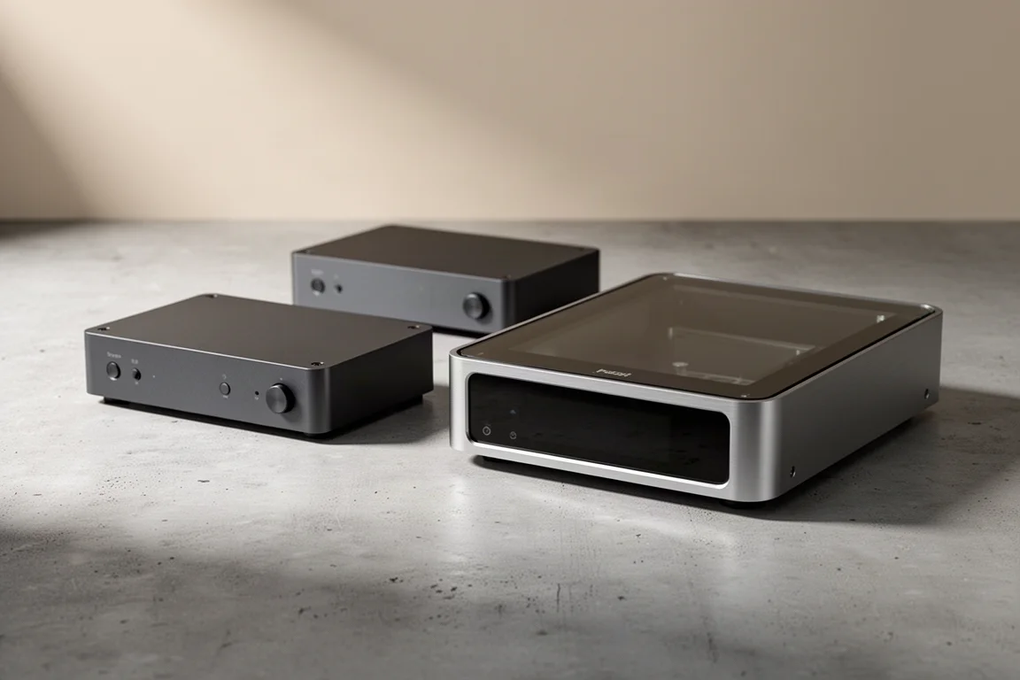 Three Cambridge Audio network streamers arranged on a concrete surface