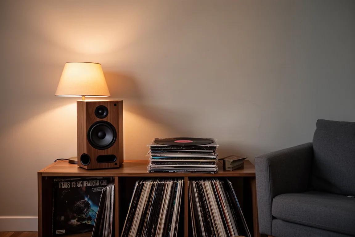 Altavoz de estantería compacto sobre un aparador de madera junto a discos de vinilo bajo la luz cálida de una lámpara