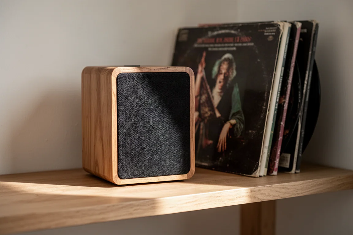 Primer plano de un altavoz de estantería compacto en un estante de roble con fundas de vinilo detrás