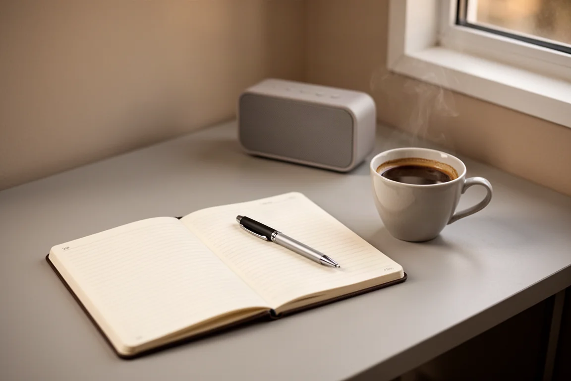 Escritorio ordenado con cuaderno, bolígrafo, café y un altavoz en un fondo de luz suave
