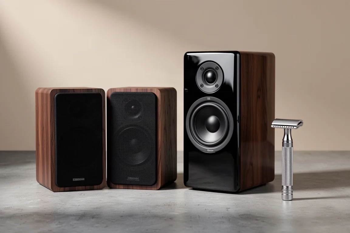 Compact bookshelf speakers, a larger two-way speaker and a machined safety razor on concrete