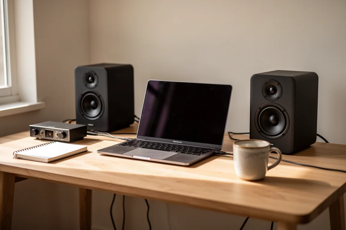 Configuración de escucha de escritorio con pequeños altavoces de estantería negros flanqueando un portátil